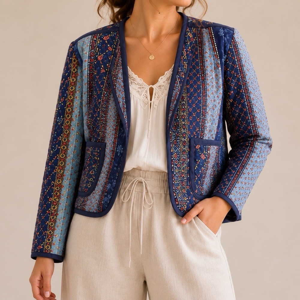 Quilted Jacket Blue Floral Stripe Cropped Open Front Boho Cottagecore Patchwork